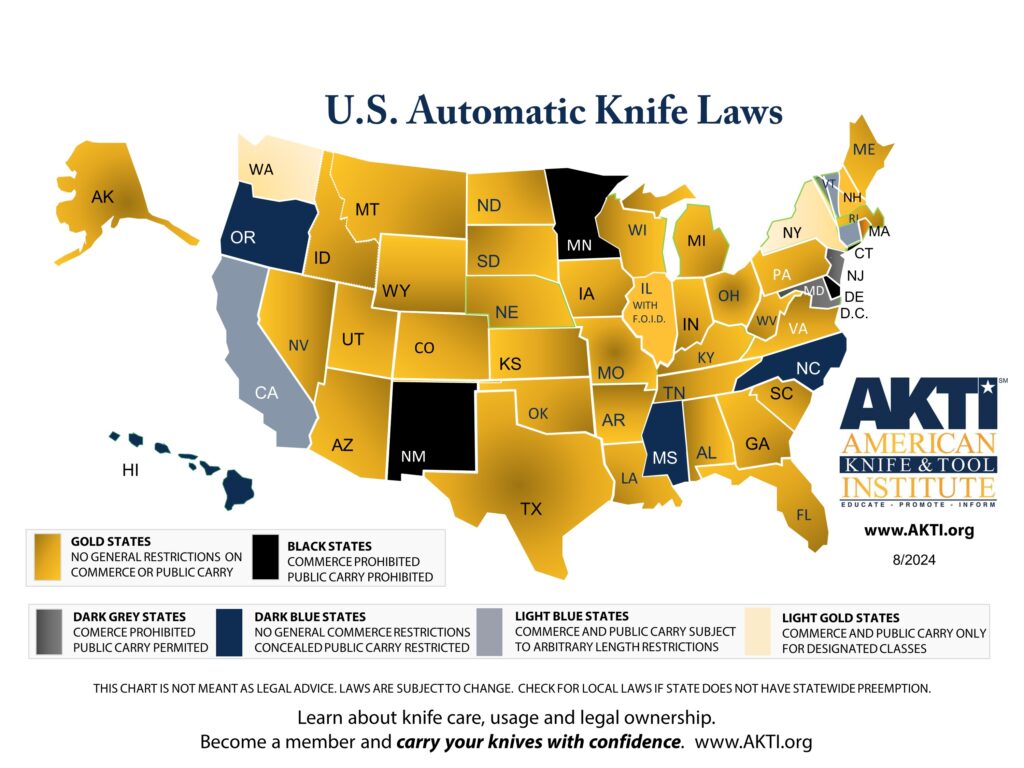 Map of US color-coded automatic knife laws